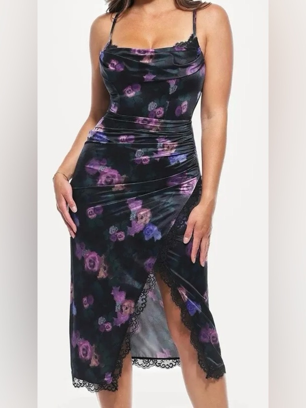 Lace Trim Sculpting Floral-Print
Midi Dress